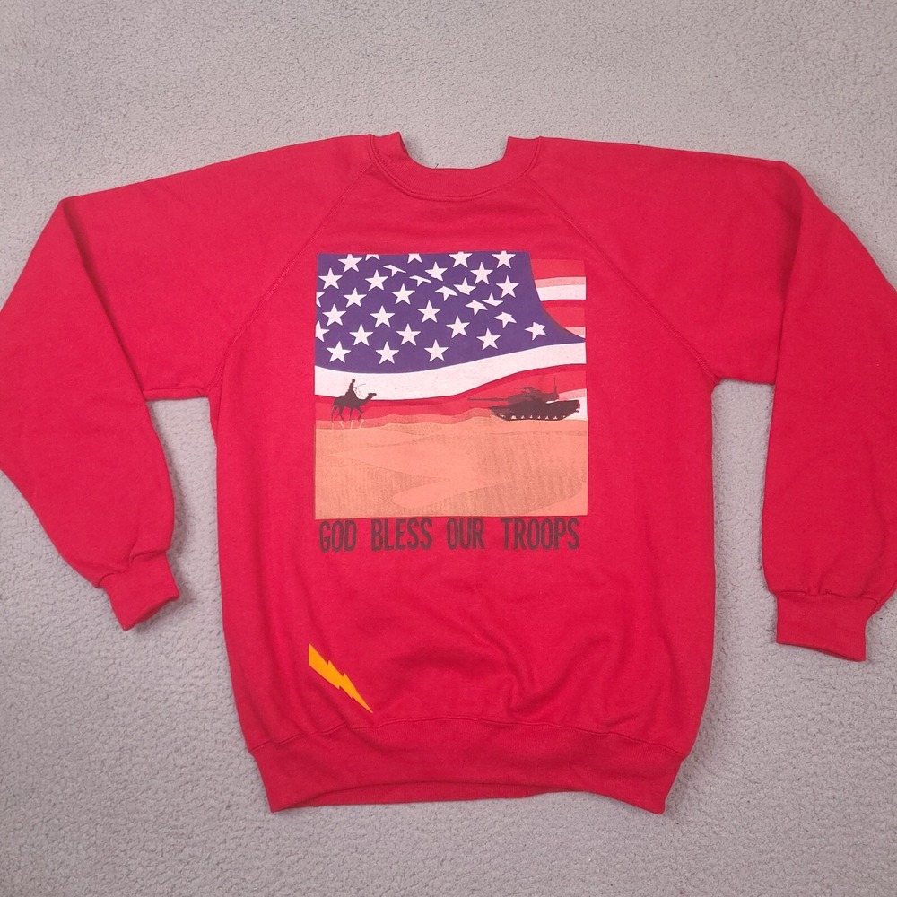 Vintage God Bless Our Troops Sweatshirt Adult Large Red America USA‎ Made Hanes